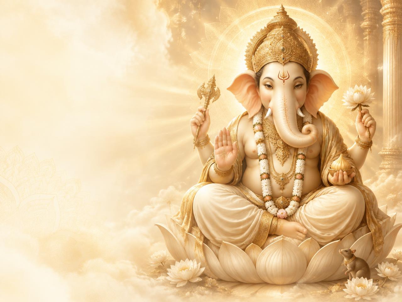 Lord Ganesha in a soft golden temple light